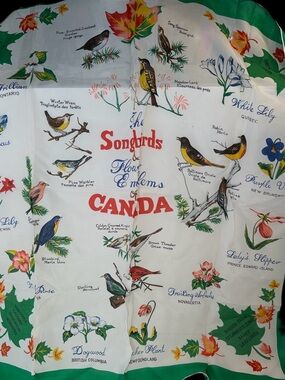 Vintage Canadiana Songbirds & Provincial Flowers Silk Scarf Hand Rolled Made